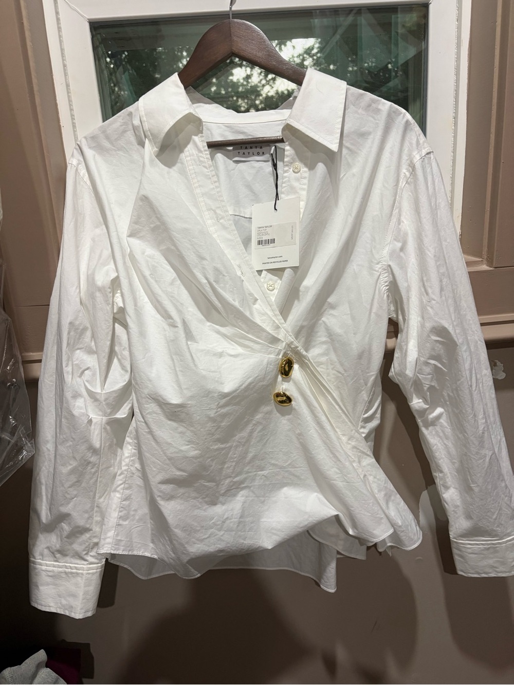 Tanya Taylor White Wrap-Front Button Shirt with Gold Buttons
